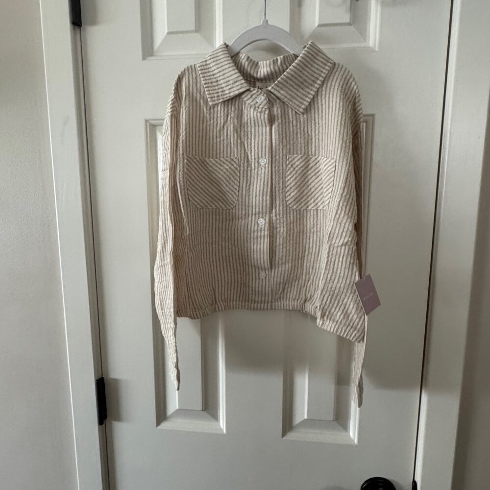 New Girls Heart and Arrow Tan Beige Cream Striped Button Down Blouse Size 10/12